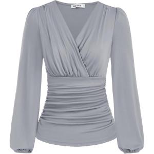 imageGRACE KARIN 2025 Womens Tops Fall Wrap Blouse V Neck Work Shirt Long Sleeve Dressy Casual Ruched Top Trendy Fashion OutfitsLight Grey
