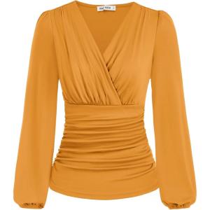 imageGRACE KARIN 2025 Womens Tops Fall Wrap Blouse V Neck Work Shirt Long Sleeve Dressy Casual Ruched Top Trendy Fashion OutfitsMustard Yellow