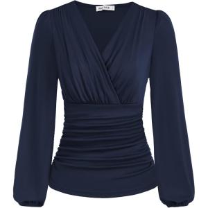 imageGRACE KARIN 2025 Womens Tops Fall Wrap Blouse V Neck Work Shirt Long Sleeve Dressy Casual Ruched Top Trendy Fashion OutfitsNavy Blue