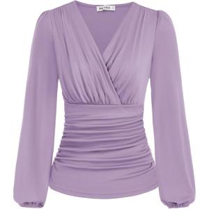 imageGRACE KARIN 2025 Womens Tops Fall Wrap Blouse V Neck Work Shirt Long Sleeve Dressy Casual Ruched Top Trendy Fashion OutfitsPink Purple