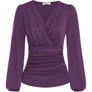 imageGRACE KARIN 2025 Womens Tops Fall Wrap Blouse V Neck Work Shirt Long Sleeve Dressy Casual Ruched Top Trendy Fashion OutfitsPurple