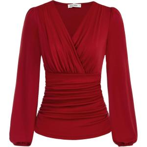 imageGRACE KARIN 2025 Womens Tops Fall Wrap Blouse V Neck Work Shirt Long Sleeve Dressy Casual Ruched Top Trendy Fashion OutfitsRed