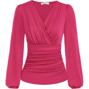 imageGRACE KARIN 2025 Womens Tops Fall Wrap Blouse V Neck Work Shirt Long Sleeve Dressy Casual Ruched Top Trendy Fashion OutfitsRose Red