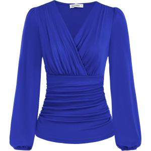 imageGRACE KARIN 2025 Womens Tops Fall Wrap Blouse V Neck Work Shirt Long Sleeve Dressy Casual Ruched Top Trendy Fashion OutfitsRoyal Blue