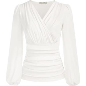 imageGRACE KARIN 2025 Womens Tops Fall Wrap Blouse V Neck Work Shirt Long Sleeve Dressy Casual Ruched Top Trendy Fashion OutfitsWhite