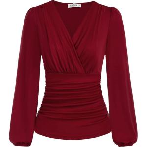 imageGRACE KARIN 2025 Womens Tops Fall Wrap Blouse V Neck Work Shirt Long Sleeve Dressy Casual Ruched Top Trendy Fashion OutfitsWine Red