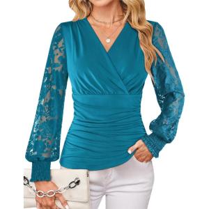 imageGRACE KARIN 2025 Womens Tops Wrap V Neck Shirt Lace Long Sleeve Blouses Dressy Casual Ruched Top Fall Fashion OutfitsBlue Green