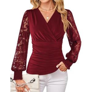imageGRACE KARIN 2025 Womens Tops Wrap V Neck Shirt Lace Long Sleeve Blouses Dressy Casual Ruched Top Fall Fashion OutfitsBurgundy