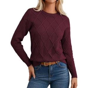 imageGRACE KARIN Cable Knit Sweater Women Long Sleeve Crew Neck Pullover Sweaters Slit Hem Casual Dressy Sweater TopsWine