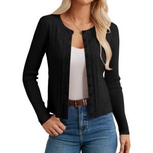 imageGRACE KARIN Cardigans for Women Lightweight Long Sleeve Button up Crop Cardigans Crew Neck Sweater Business Casual OutfitsBlack