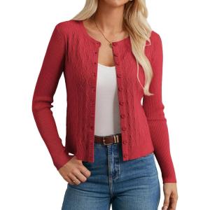 imageGRACE KARIN Cardigans for Women Lightweight Long Sleeve Button up Crop Cardigans Crew Neck Sweater Business Casual OutfitsRed