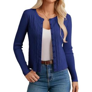 imageGRACE KARIN Cardigans for Women Lightweight Long Sleeve Button up Crop Cardigans Crew Neck Sweater Business Casual OutfitsRoyal Blue