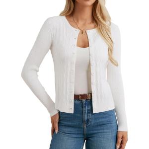 imageGRACE KARIN Cardigans for Women Lightweight Long Sleeve Button up Crop Cardigans Crew Neck Sweater Business Casual OutfitsWhite