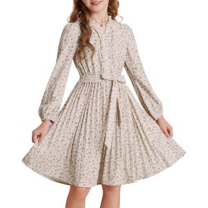 imageGRACE KARIN Girls Fall Long Sleeve Casual Holiday Party Dress for Teen Girl Floral Pleated Ruffle Dresses 614 YearsApricotkhaki Floral