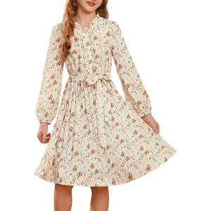 imageGRACE KARIN Girls Fall Long Sleeve Casual Holiday Party Dress for Teen Girl Floral Pleated Ruffle Dresses 614 YearsBeigeorange Floral