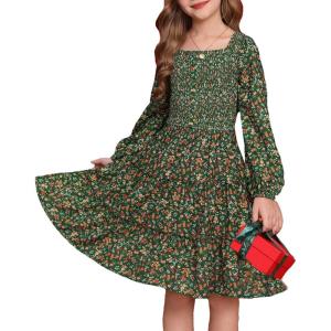 imageGRACE KARIN Girls Fall Long Sleeve Floral Square Neck Smock Tiered Casual Holiday Teen Dress Size 514Green Floral