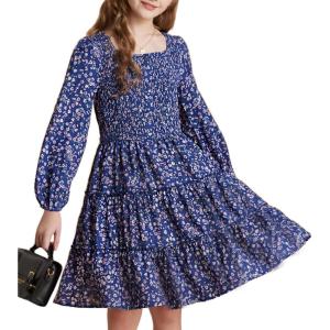 imageGRACE KARIN Girls Fall Long Sleeve Floral Square Neck Smock Tiered Casual Holiday Teen Dress Size 514Navy Blue Floral