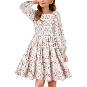 imageGRACE KARIN Girls Fall Long Sleeve Floral Square Neck Smock Tiered Casual Holiday Teen Dress Size 514Off White Floral