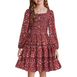 imageGRACE KARIN Girls Fall Long Sleeve Floral Square Neck Smock Tiered Casual Holiday Teen Dress Size 514Wine Red Floral
