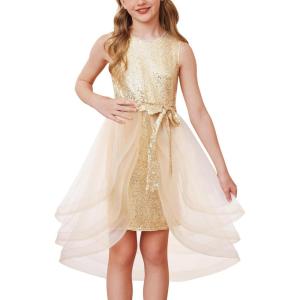 imageGRACE KARIN Girls Sequin Party Dress Sparkle Formal Birthday Pageant Prom ThreeLayer Tulle Midi Dress Size 512YChampagne Gold