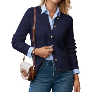 imageGRACE KARIN Knit Cardigan Sweaters for Women Long Sleeve Ribbed Button Up Sweater 2025 Fall Casual JacketNavy Blue