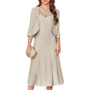 imageGRACE KARIN Mother of The Bride Dress with 34 Sleeves Cardigan Stretchy Lace 2 Pieces Wedding Guest Sequins DressesApricot