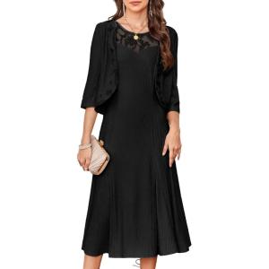 imageGRACE KARIN Mother of The Bride Dress with 34 Sleeves Cardigan Stretchy Lace 2 Pieces Wedding Guest Sequins DressesBlack