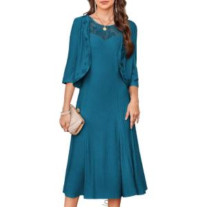 imageGRACE KARIN Mother of The Bride Dress with 34 Sleeves Cardigan Stretchy Lace 2 Pieces Wedding Guest Sequins DressesBluegreen