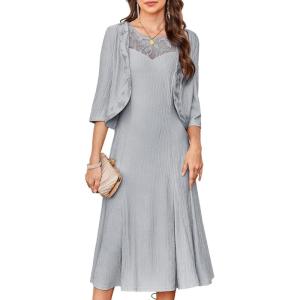 imageGRACE KARIN Mother of The Bride Dress with 34 Sleeves Cardigan Stretchy Lace 2 Pieces Wedding Guest Sequins DressesLight Gray