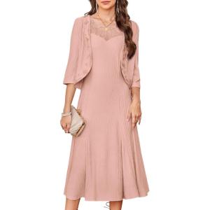 imageGRACE KARIN Mother of The Bride Dress with 34 Sleeves Cardigan Stretchy Lace 2 Pieces Wedding Guest Sequins DressesPink