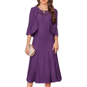 imageGRACE KARIN Mother of The Bride Dress with 34 Sleeves Cardigan Stretchy Lace 2 Pieces Wedding Guest Sequins DressesPurple