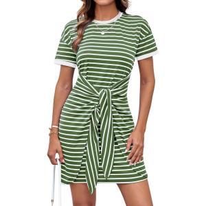 imageGRACE KARIN Striped Shirt Dresses for Women Front Tie Crewneck Wrap Dress Short Sleeve TShirt Casual Mini Bodycon DressGreen