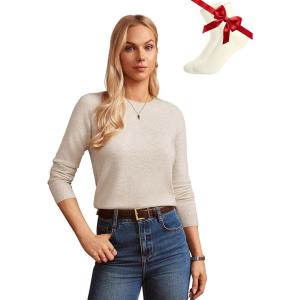imageGRACE KARIN Women Cashmere Sweater Crew Neck Merino Wool Soft Pullover Layer Dressy Casual 2025 Fall with SocksApricot
