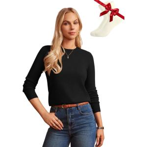 imageGRACE KARIN Women Cashmere Sweater Crew Neck Merino Wool Soft Pullover Layer Dressy Casual 2025 Fall with SocksBlack