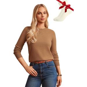 imageGRACE KARIN Women Cashmere Sweater Crew Neck Merino Wool Soft Pullover Layer Dressy Casual 2025 Fall with SocksBrown