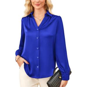 imageGRACE KARIN Women Satin Tops Button Down Shirts Silk Long Sleeve Work Shirt 2025 Fall Business Casual Blouse Dressy TopsRoyal Blue