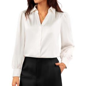 imageGRACE KARIN Women Satin Tops Button Down Shirts Silk Long Sleeve Work Shirt 2025 Fall Business Casual Blouse Dressy TopsWhite