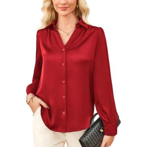 imageGRACE KARIN Women Satin Tops Button Down Shirts Silk Long Sleeve Work Shirt 2025 Fall Business Casual Blouse Dressy TopsWine Red