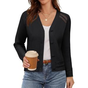 imageGRACE KARIN Womens 2025 Cotton Cropped Cardigan Lightweight Long Sleeve Button Up Knit Sweaters Trendy Fall OutfitsBlack