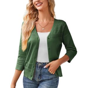 imageGRACE KARIN Womens 2025 Cropped Cardigan 34 Sleeve Lightweight Crochet Shrug HollowedOut Knit Sweater TopsArmy Green