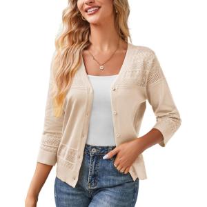 imageGRACE KARIN Womens 2025 Cropped Cardigan 34 Sleeve Lightweight Crochet Shrug HollowedOut Knit Sweater TopsBeige