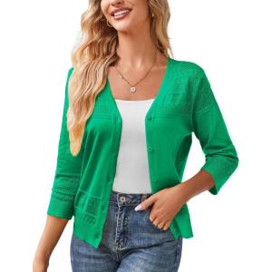 imageGRACE KARIN Womens 2025 Cropped Cardigan 34 Sleeve Lightweight Crochet Shrug HollowedOut Knit Sweater TopsDark Green