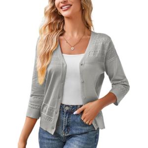 imageGRACE KARIN Womens 2025 Cropped Cardigan 34 Sleeve Lightweight Crochet Shrug HollowedOut Knit Sweater TopsGray