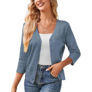 imageGRACE KARIN Womens 2025 Cropped Cardigan 34 Sleeve Lightweight Crochet Shrug HollowedOut Knit Sweater TopsGray Blue