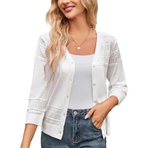 imageGRACE KARIN Womens 2025 Cropped Cardigan 34 Sleeve Lightweight Crochet Shrug HollowedOut Knit Sweater TopsIvory White