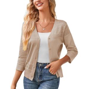 imageGRACE KARIN Womens 2025 Cropped Cardigan 34 Sleeve Lightweight Crochet Shrug HollowedOut Knit Sweater TopsKhaki