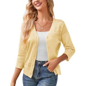 imageGRACE KARIN Womens 2025 Cropped Cardigan 34 Sleeve Lightweight Crochet Shrug HollowedOut Knit Sweater TopsLight Yellow