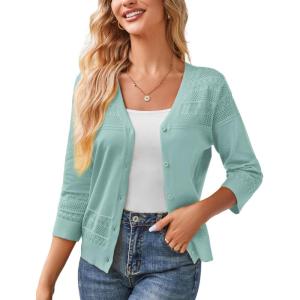imageGRACE KARIN Womens 2025 Cropped Cardigan 34 Sleeve Lightweight Crochet Shrug HollowedOut Knit Sweater TopsMist Blue