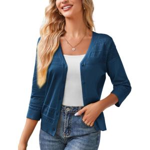 imageGRACE KARIN Womens 2025 Cropped Cardigan 34 Sleeve Lightweight Crochet Shrug HollowedOut Knit Sweater TopsNavy Blue