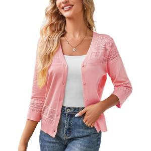 imageGRACE KARIN Womens 2025 Cropped Cardigan 34 Sleeve Lightweight Crochet Shrug HollowedOut Knit Sweater TopsPink